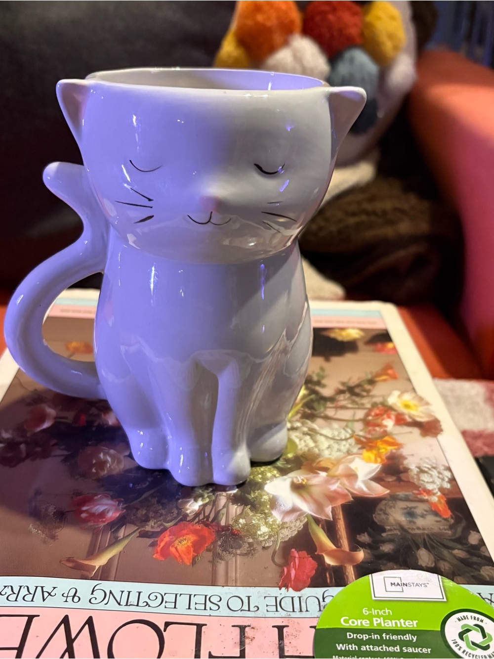White Ceramic Cat Planter tall tail handle drain hole